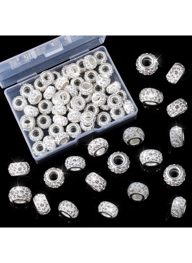 50 Pcs Rhinestone European Beads Large Hole Rondelle Spacer Beads Diamond Crystal Charm Shiny White Beads For Diy Crafts Bracelet Snake Chain Necklace Jewelry Making Accessories 12Mm, With Box
