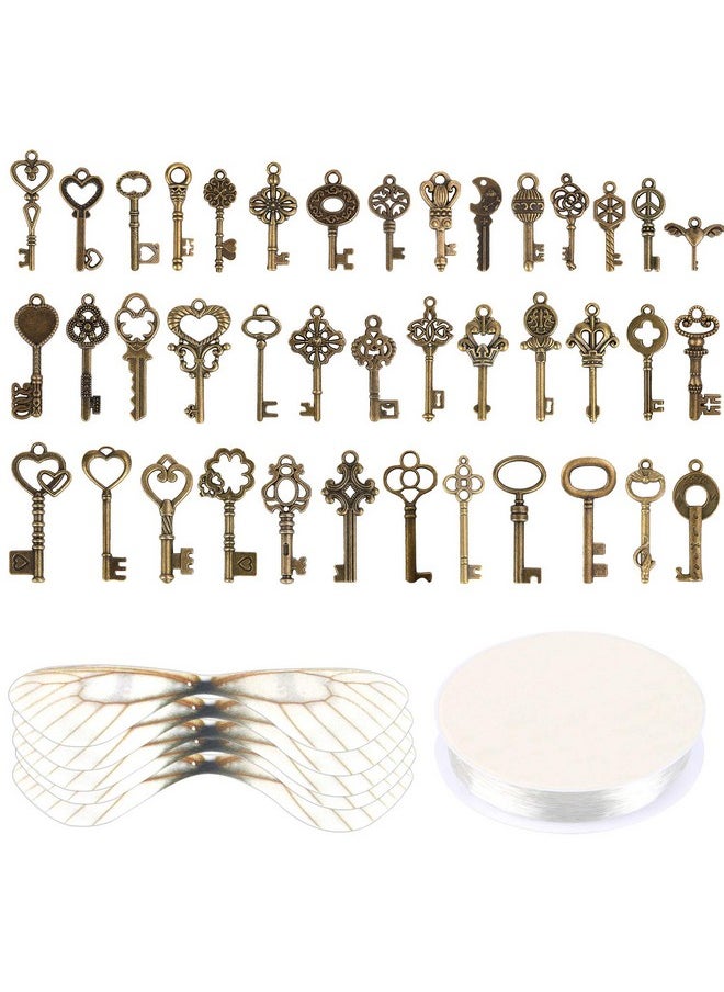 Set Of 40 Flying Keys Charms, 40Pcs Dragonfly Wings 40 Diy Vintage Skeleton Key And Elastic Crystal String For Wedding Party Decorations