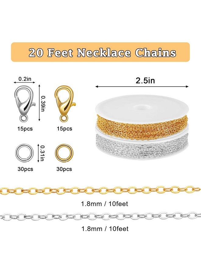 20 Feet Necklace Chains 1.8Mm Jewelry Making Chains For Necklace Earring Bracelet Jewelry Making Supplies, Metal Chain Necklace With Lobster Clasps And Jump Rings For Diy Craft, Silver & Gold