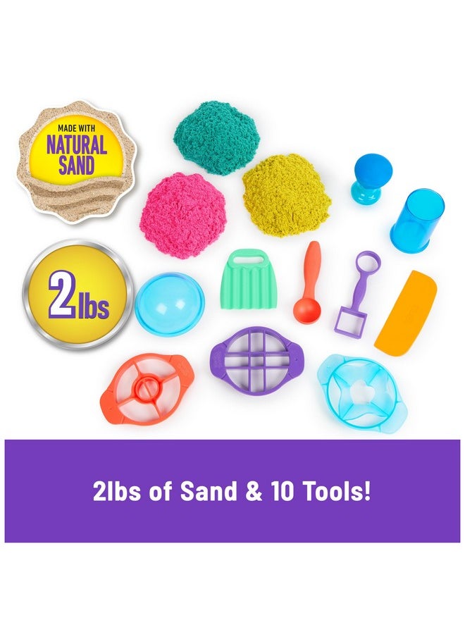 Ultimate Sandisfying Set, 2Lb Of Pink, Yellow & Teal Play Sand, 10 Molds & Tools, Sensory Toys, Christmas Gifts For Kids Ages 7+