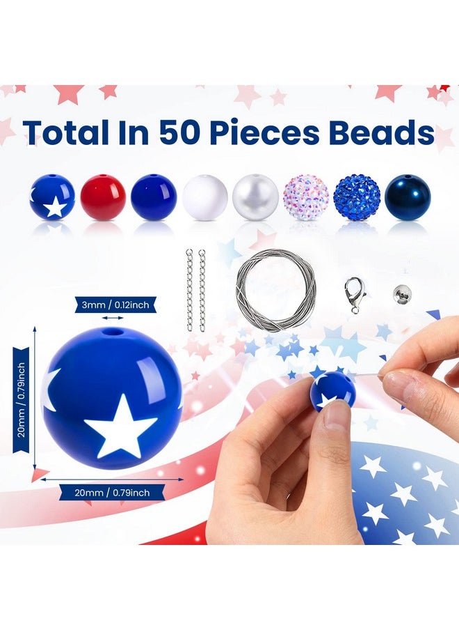 50 Pieces Independence Day Bubblegum Beads 20Mm Large Acrylic July 4Th Patriotic Spacer Beads Rhinestone Star Pattern Craft Beads For Jewelry Making Bracelet Necklaces Holiday Party Decor