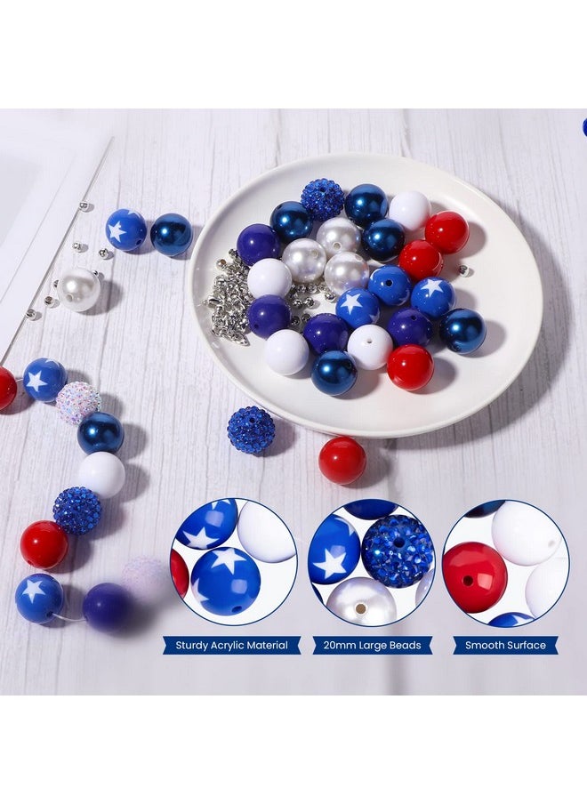 50 Pieces Independence Day Bubblegum Beads 20Mm Large Acrylic July 4Th Patriotic Spacer Beads Rhinestone Star Pattern Craft Beads For Jewelry Making Bracelet Necklaces Holiday Party Decor