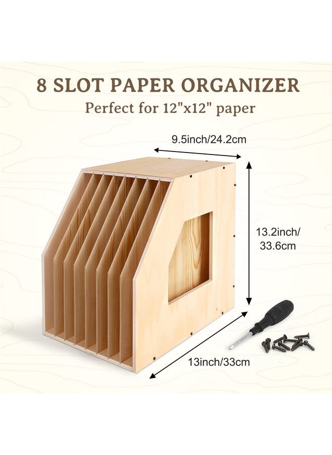 Wood Paper Storage Organizer, Slope Design Paper Storage Shelf For Holding 12 X 12 Inch Scrapbook Paper, 8 Slot Stable Scrapbook Paper Rack For Portfolio, Heat Transfer Papers