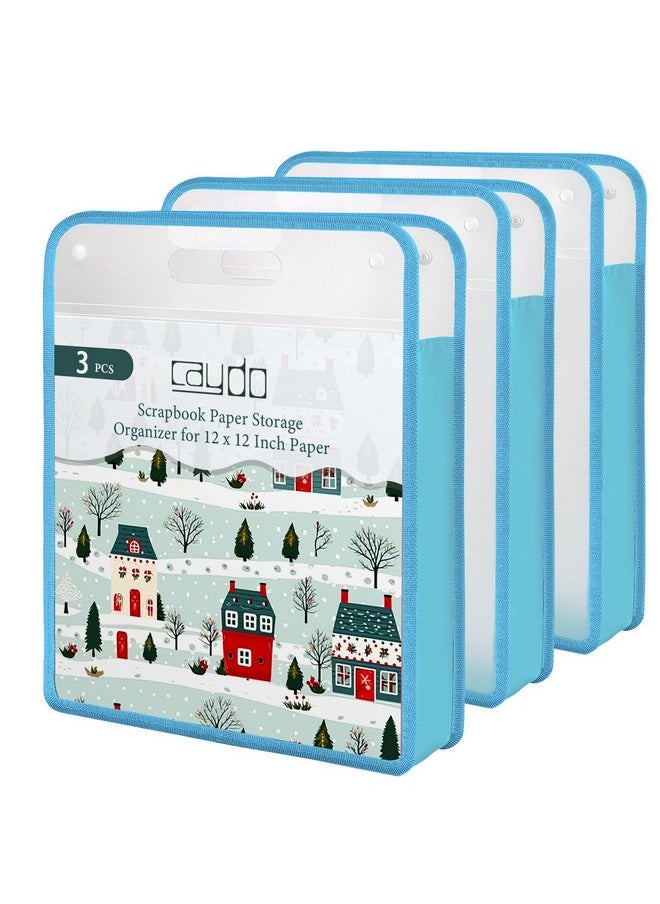 Scrapbook Paper Storage, 3 Pack Blue Expanding Paper Folio, Clear Portable 12X12 Paper Storage With Handle For Holding 12 X 12 Inch Scrapbook, Vinyl Paper, Cardstock