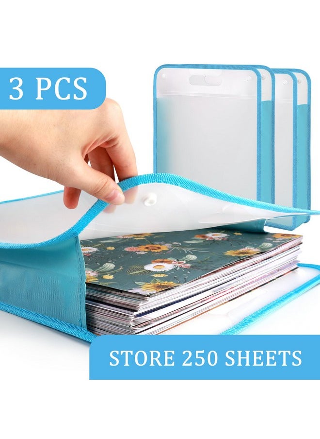 Scrapbook Paper Storage, 3 Pack Blue Expanding Paper Folio, Clear Portable 12X12 Paper Storage With Handle For Holding 12 X 12 Inch Scrapbook, Vinyl Paper, Cardstock