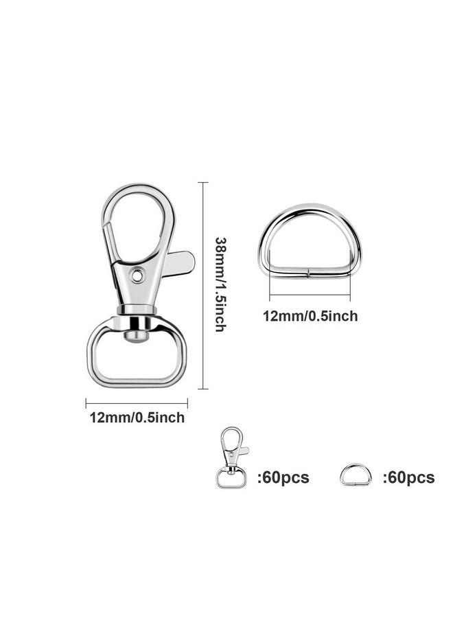 120 Pcs Keychain Clip Hooks With D Ring Include 60Pcs Swivel Snap Hooks Lanyard Clip And 60Pcs D Ring For Purse Hardware Sewing Projects (1/2” Inside Width)