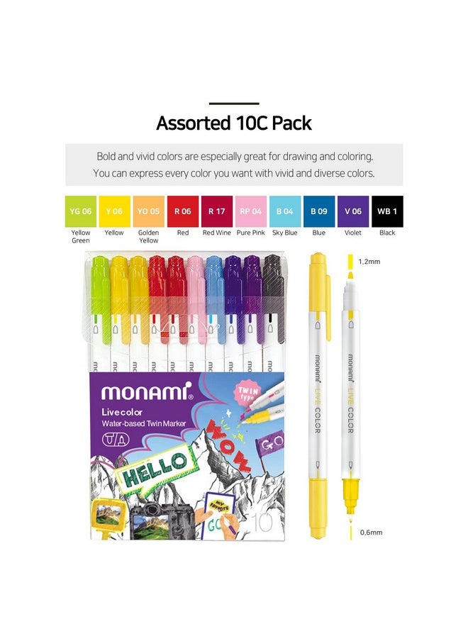 Live Color Water-Based Twin Marker, Fine & Bullet Dual Tip Marker For Coloring/Drawing/Lettering/Decorating/Writing On Notebooks And Planners, New White Body Design 10C-Pack