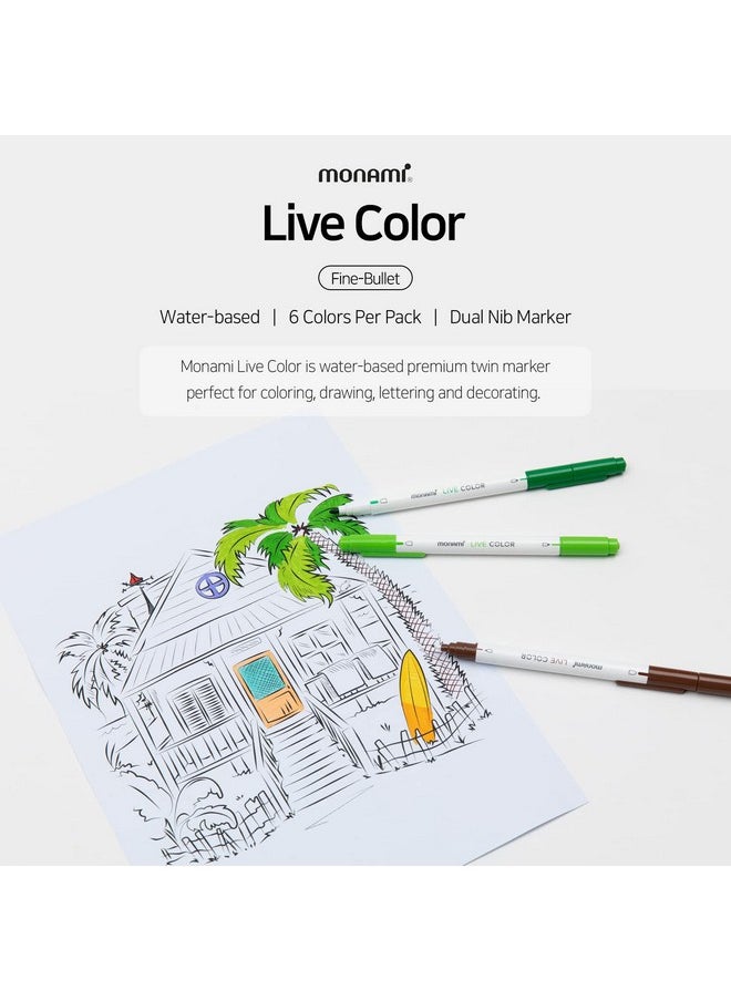 Live Color Water-Based Twin Marker, Fine & Bullet Dual Tip Marker For Coloring/Drawing/Lettering/Decorating/Writing On Notebooks And Planners, New White Body Design 10C-Pack