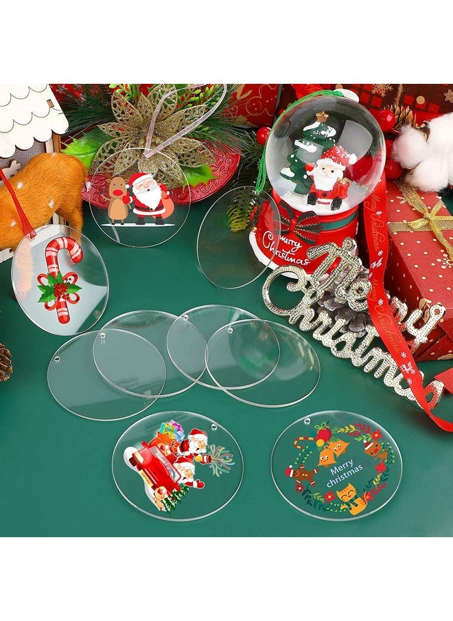 60Pcs Christmas Acrylic Keychain Blanks With 70Pcs Colorful Ribbons, 3 Inch Acrylic Clear Circle Disc Rounds Ornaments Blanks For Diy Xmas Holiday Present Wrap And Crafting