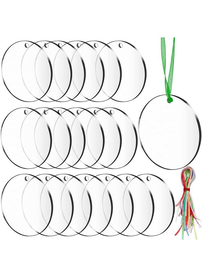 60Pcs Christmas Acrylic Keychain Blanks With 70Pcs Colorful Ribbons, 3 Inch Acrylic Clear Circle Disc Rounds Ornaments Blanks For Diy Xmas Holiday Present Wrap And Crafting