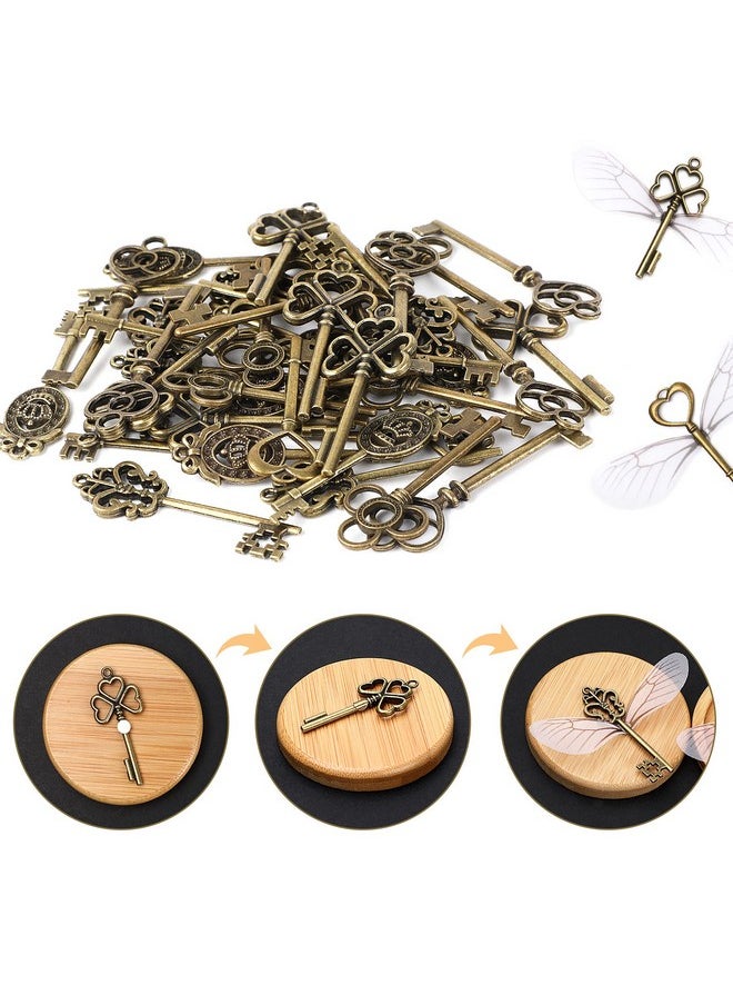 48 Pcs Large Vintage Skeleton Keys Flying Keys Charms With 50 Pairs Dragonfly Wings And 60 Yards Elastic Crystal String For Diy Christmas Decorations Magic Theme Wizard Party Supplies