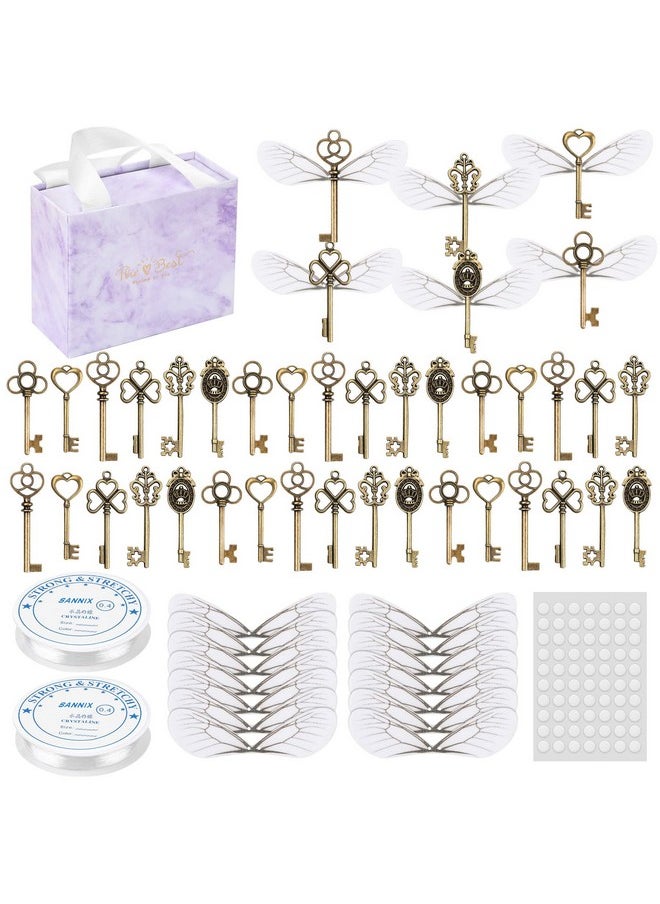 48 Pcs Large Vintage Skeleton Keys Flying Keys Charms With 50 Pairs Dragonfly Wings And 60 Yards Elastic Crystal String For Diy Christmas Decorations Magic Theme Wizard Party Supplies