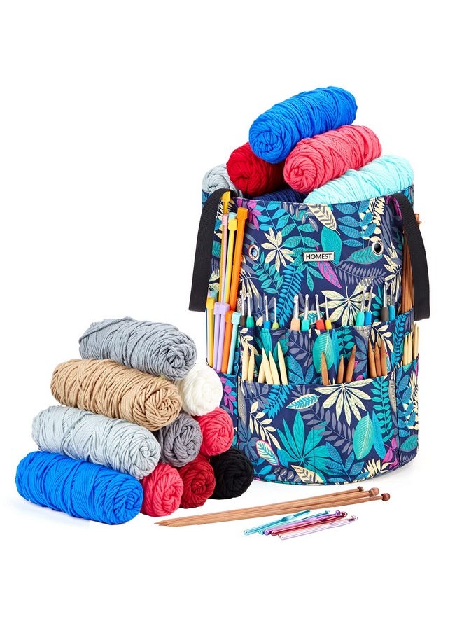 Large Crochet Bag With Customized Front Compartment For Knitting Accessories, Yarn Storage With 6 Oversized Grommets, Tote Organizer With Drawstring Closure, Floral, Bag Only