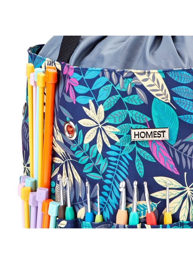 Large Crochet Bag With Customized Front Compartment For Knitting Accessories, Yarn Storage With 6 Oversized Grommets, Tote Organizer With Drawstring Closure, Floral, Bag Only
