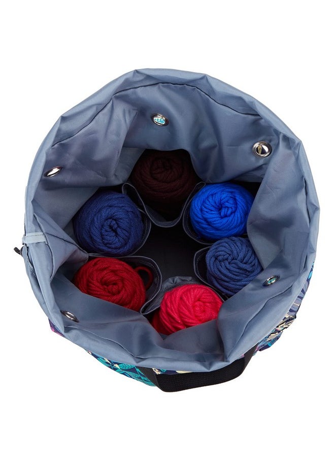Large Crochet Bag With Customized Front Compartment For Knitting Accessories, Yarn Storage With 6 Oversized Grommets, Tote Organizer With Drawstring Closure, Floral, Bag Only