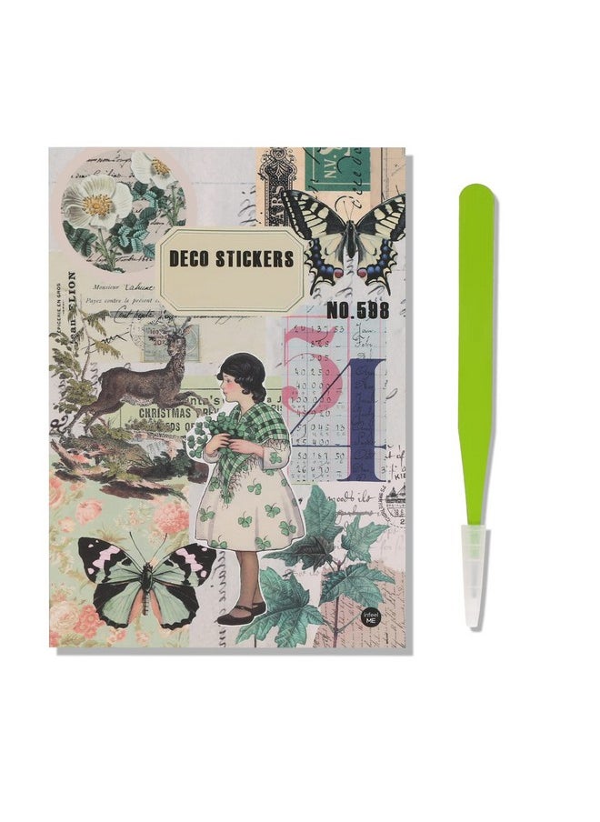 200Pcs Scrapbook Stickers Set, Vintage Cute Animal Journaling Aesthetic Stickers Supplies Funny Journaling Scrapbooking Stickers Pack For Adults With Tweezer For Journaling (Green)