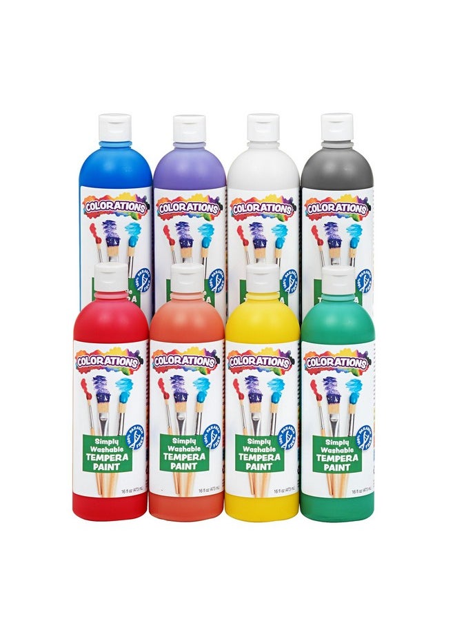 Simply Washable Tempera Paint, Rainbow Plus 8 Pack, Matte Finish, Classroom Supplies, Vibrant Colors, Non Toxic, Washes Off Easily, School, Craft, Art Supply Set, 16 Oz Bottles