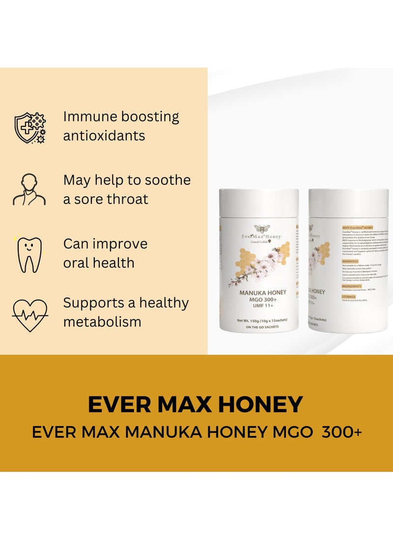 EverMax® Manuka Honey | Premium Natural Australian Made | MGO 300+ UMF 11+ | 10 x 15g On-the-Go Sachets