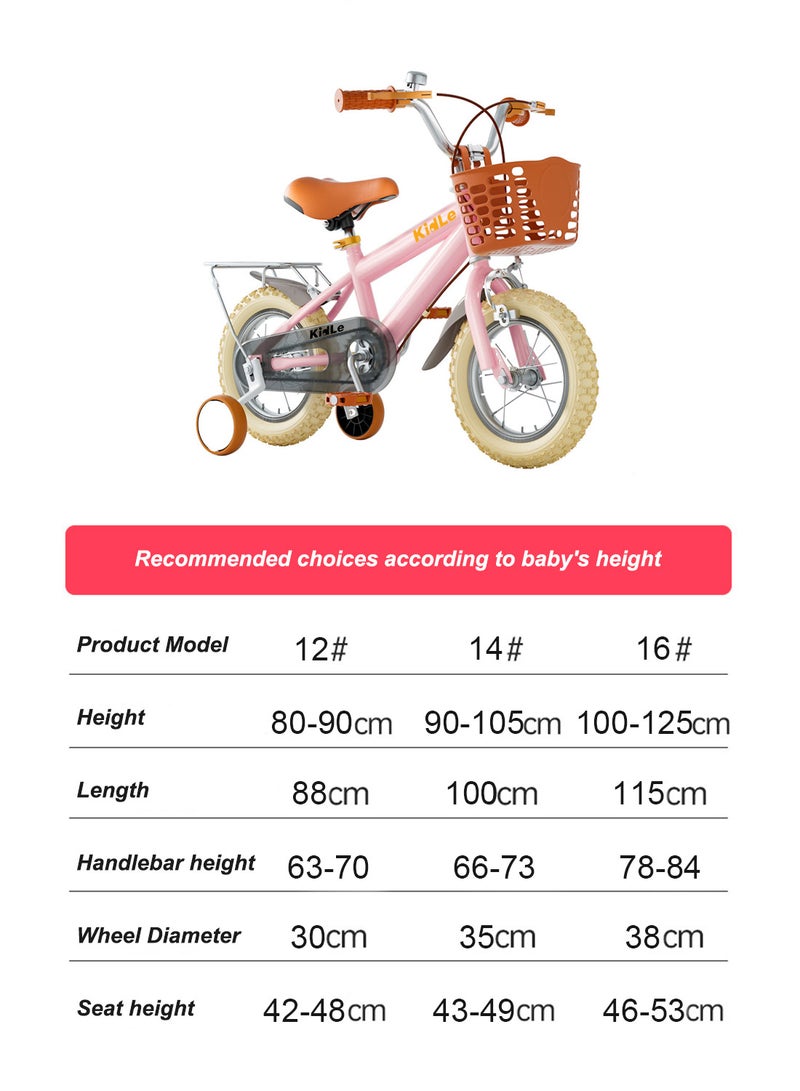 12-16 Inch Kids Bike High Carbon Steel Kids' Bike Children's Bicycle Suitable For Height 80-125cm Girls And Boys With Training Wheels With Headlights Adjustable Seat Rear Rear Seat Rack Wear-Resistant Tires Sensitive Brakes Safe And Stable 14inchcm