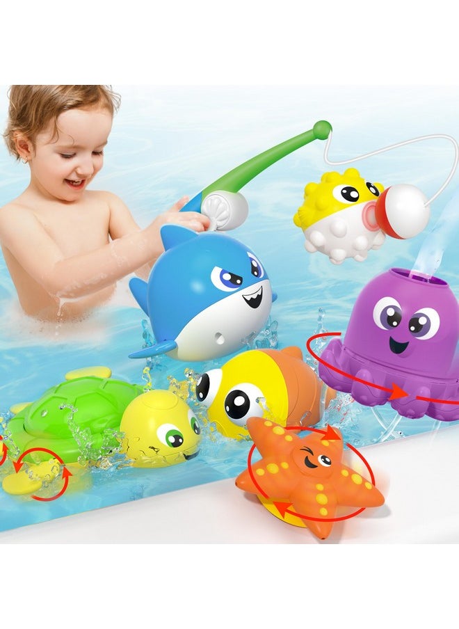 Baby Bath Toy Set - Magnetic Fishing Toy With Fishing Rod, Soft Puffer & Clown Fish, Spinning Octopus And Starfish, Wind-Up Shark And Turtle - Sensory Development For Infants & Toddler