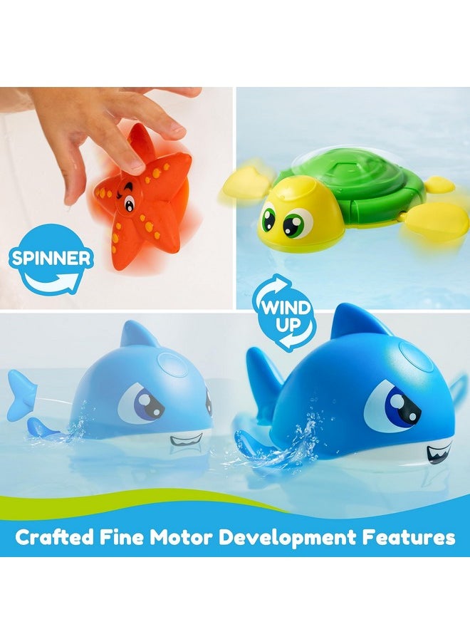 Baby Bath Toy Set - Magnetic Fishing Toy With Fishing Rod, Soft Puffer & Clown Fish, Spinning Octopus And Starfish, Wind-Up Shark And Turtle - Sensory Development For Infants & Toddler