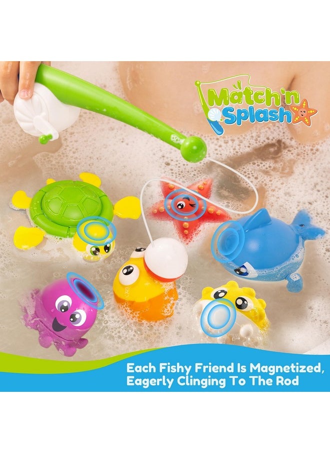 Baby Bath Toy Set - Magnetic Fishing Toy With Fishing Rod, Soft Puffer & Clown Fish, Spinning Octopus And Starfish, Wind-Up Shark And Turtle - Sensory Development For Infants & Toddler