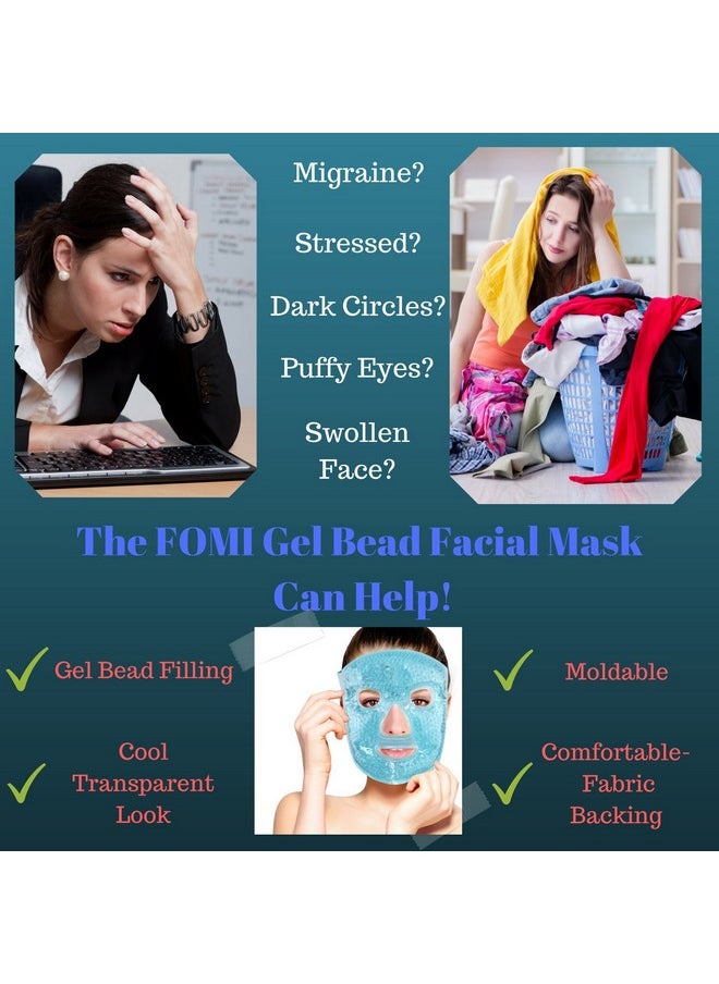 And Cold Therapy Gel Bead Full Facial Mask By Fomi Care | Ice Face Mask For Migraine Headache, Stress Relief | Reduces Eye Puffiness, Dark Circles | Fabric Back (Full Face W/Eye Holes)