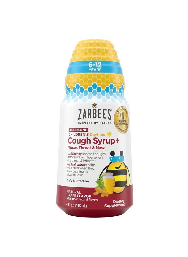 Kids All-In-One Daytime Cough For Children 6-12 With Dark Honey, Turmeric, B-Vitamins & Zinc, #1 Pediatrician Recommended, Drug & Alcohol-Free, Grape Flavor, 4Fl Oz