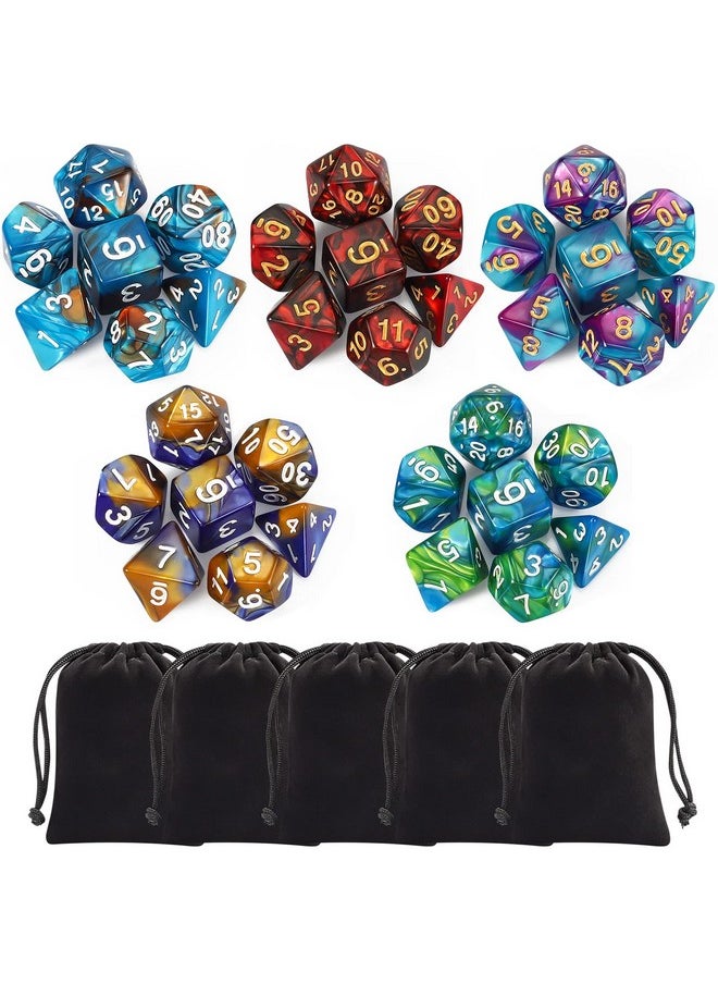 Polyhedral Dice Set (35 Pieces) With Black Pouches, 5 Complete Double-Colors Dice Sets Of D4 D6 D8 D10 D% D12 D20 Compatible With Dungeons And Dragons Dnd Rpg Mtg Table Games