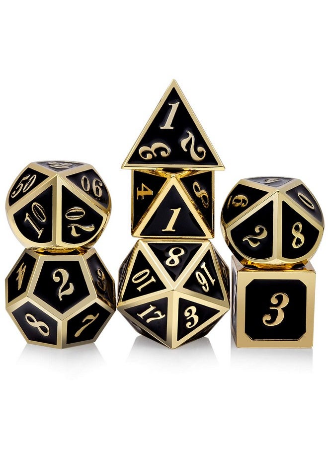 Metal Dice Set D&D, 7 Die Metal Polyhedral Dice Set With Gift Metal Box And Gold Number For Dnd Dungeons And Dragons Role Playing Games (Black And Gold)