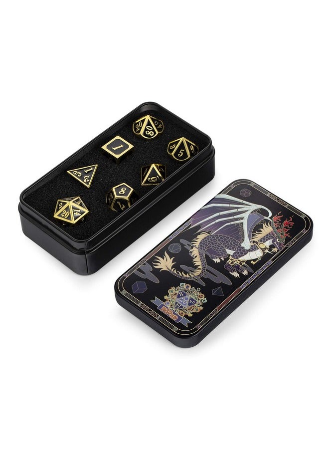 Metal Dice Set D&D, 7 Die Metal Polyhedral Dice Set With Gift Metal Box And Gold Number For Dnd Dungeons And Dragons Role Playing Games (Black And Gold)