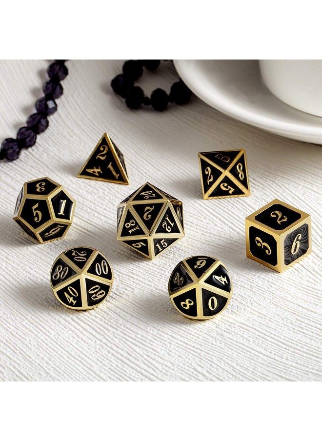 Metal Dice Set D&D, 7 Die Metal Polyhedral Dice Set With Gift Metal Box And Gold Number For Dnd Dungeons And Dragons Role Playing Games (Black And Gold)