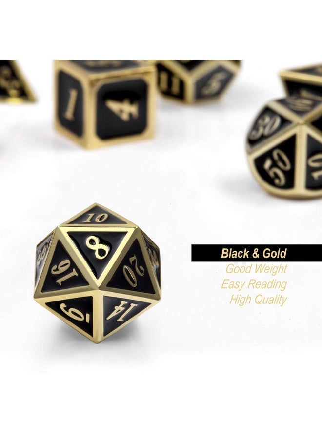 Metal Dice Set D&D, 7 Die Metal Polyhedral Dice Set With Gift Metal Box And Gold Number For Dnd Dungeons And Dragons Role Playing Games (Black And Gold)