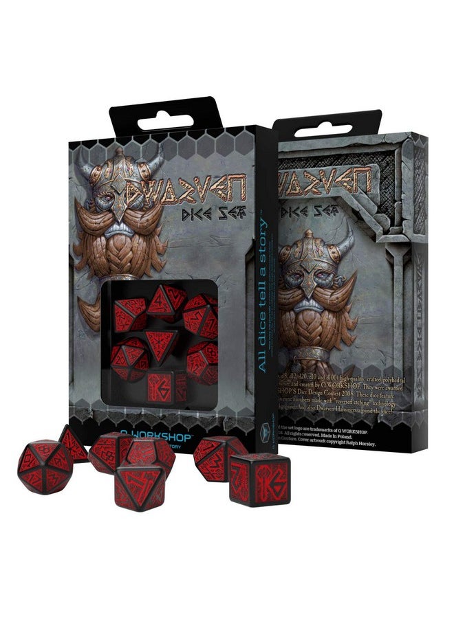 Q-Workshop Dwarven Black & Red Rpg Ornamented Dice Set 7 Polyhedral Pieces