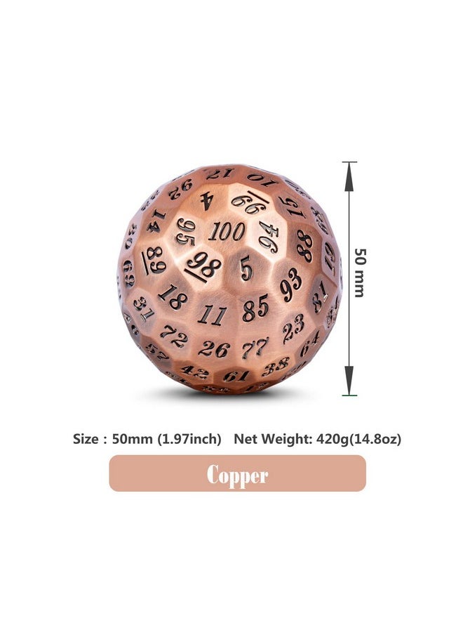Metal D100 Dice 50Mm Single 100 Sided Polyhedral Dice With Metal Case And Velvet Pouch(Copper With Black Number)