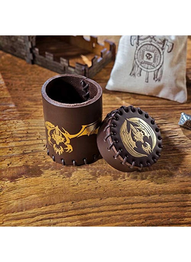 Flying Dragon Brown & Golden Leather Dice Cup