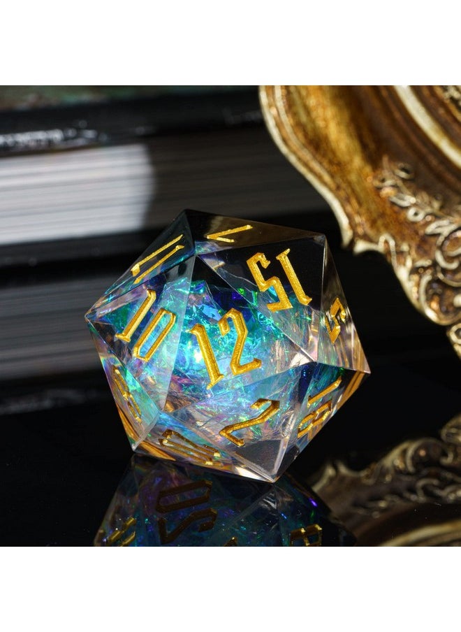 Single D20 Dnd Dice With Sharp Edges And Glitter Foil Inclusions, 20 Sided D&D Dice, 33Mm Handcrafted Polyhedral Dice, For Role Playing Game Mtg Pathfinder(Black/T)