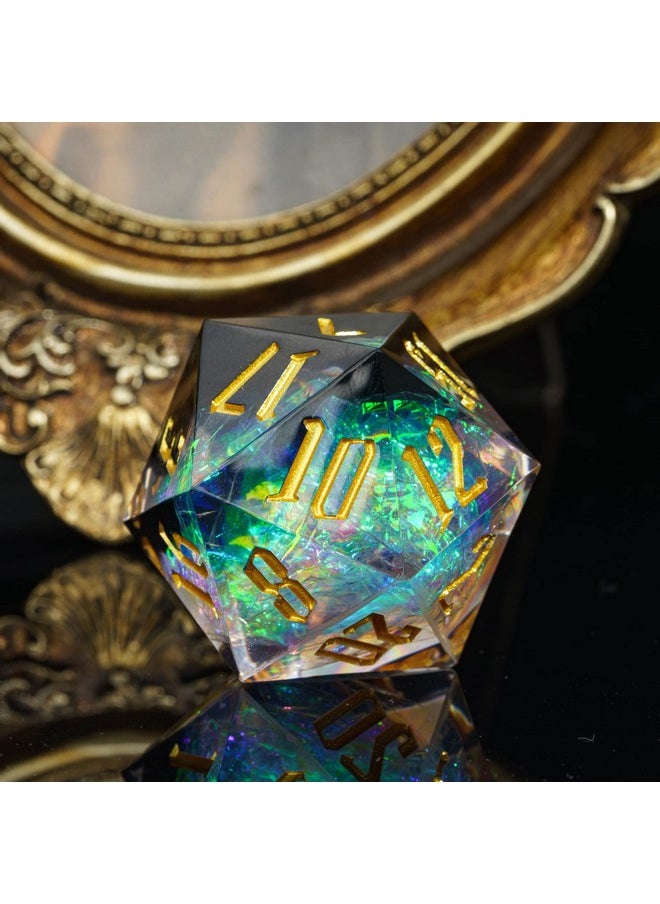 Single D20 Dnd Dice With Sharp Edges And Glitter Foil Inclusions, 20 Sided D&D Dice, 33Mm Handcrafted Polyhedral Dice, For Role Playing Game Mtg Pathfinder(Black/T)