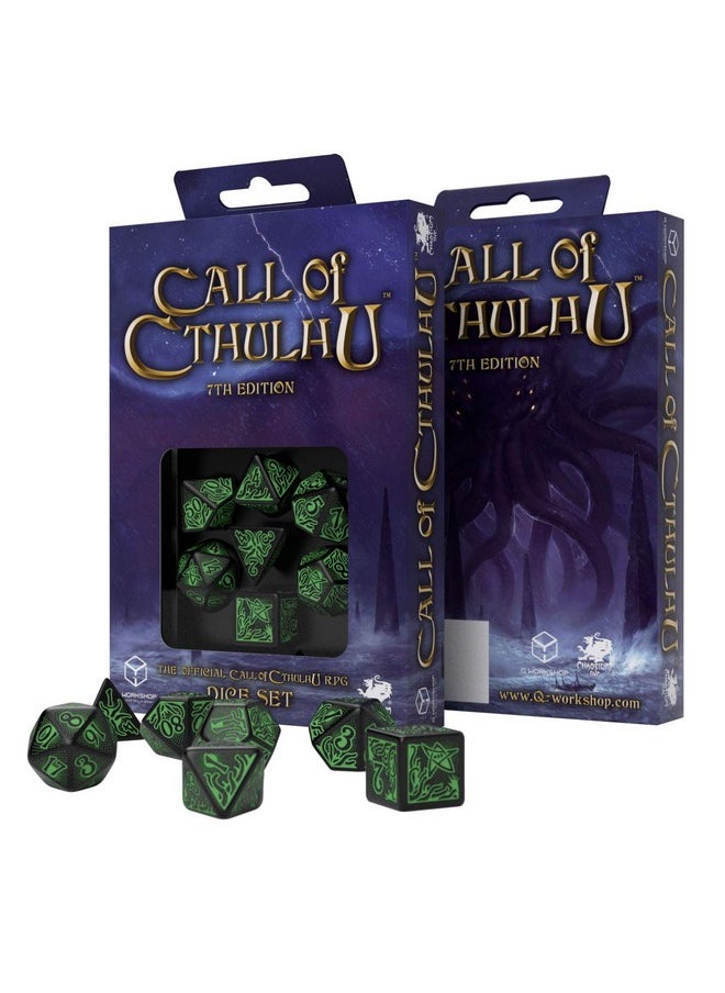 Call Of Cthulhu Black & Green Rpg Ornamented Dice Set 7 Polyhedral Pieces