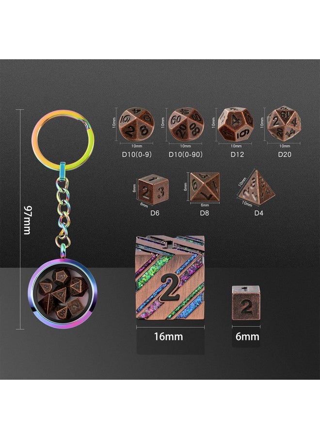 Metal Dnd Dice,Dndnd 6Mm Tiny Metallic Dice Set With Kyechain And Stainless Steel Case And Gorgeous Gift Dice Box For Dungeons And Dragon D&D Game (Brass With Rainbow Case)