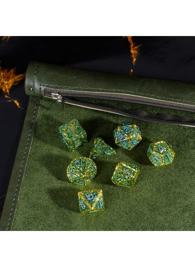 2 In 1 Dice Rolling Mat & Zippered Dice Holder Dice Tray- Compatible With Dnd Polyhedral Dice Dungeons And Dragon (Leatherette-Green)