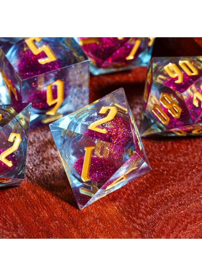 Handmade Dnd Dice, Liquid Core Dice Set D&D Quicksand Sharp Dice, 7 Pcs Transparent Polyhedral Dice Set For Dungeons & Dragons Rpg Mtg And Other Table Games(Purple And Orange)