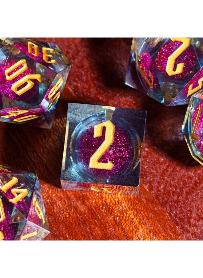 Handmade Dnd Dice, Liquid Core Dice Set D&D Quicksand Sharp Dice, 7 Pcs Transparent Polyhedral Dice Set For Dungeons & Dragons Rpg Mtg And Other Table Games(Purple And Orange)