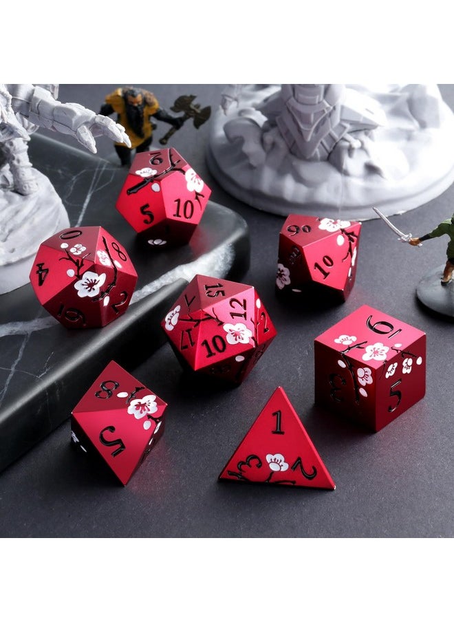 Red Dnd Metal Dice, Dndnd 7 Pcs Heavy Metallic D&D Dice Set With Gorgeous Gift Case For Dungeons And Dragon Tabletop Game (Matte Red With White Flower)