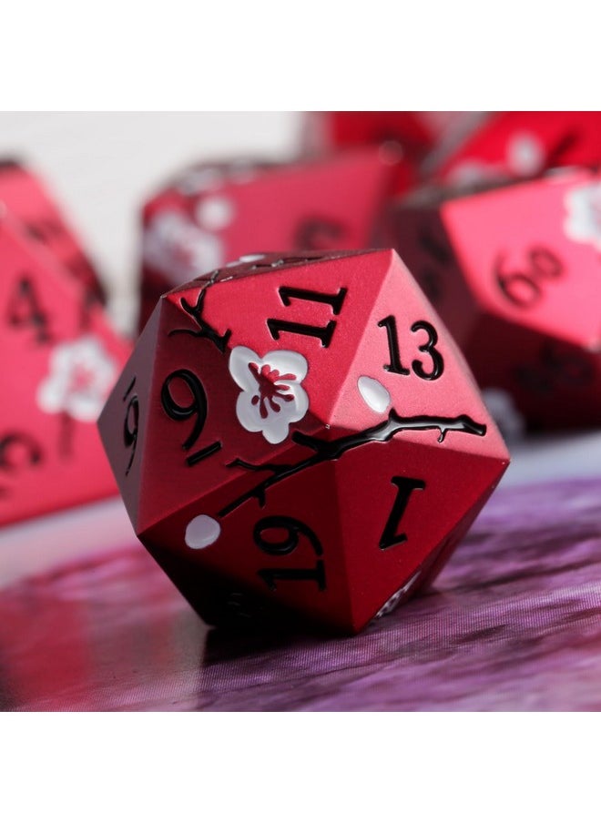 Red Dnd Metal Dice, Dndnd 7 Pcs Heavy Metallic D&D Dice Set With Gorgeous Gift Case For Dungeons And Dragon Tabletop Game (Matte Red With White Flower)