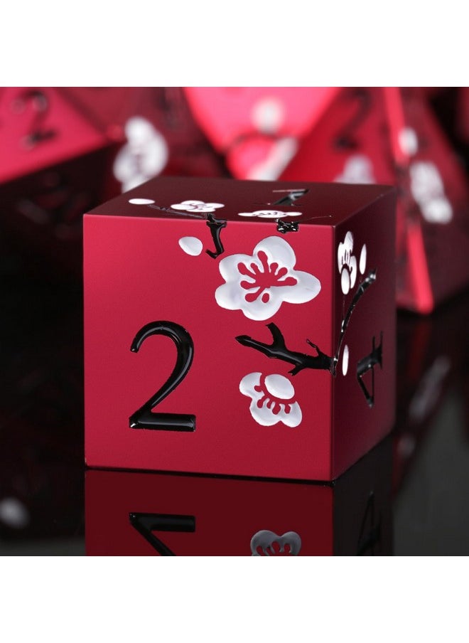 Red Dnd Metal Dice, Dndnd 7 Pcs Heavy Metallic D&D Dice Set With Gorgeous Gift Case For Dungeons And Dragon Tabletop Game (Matte Red With White Flower)