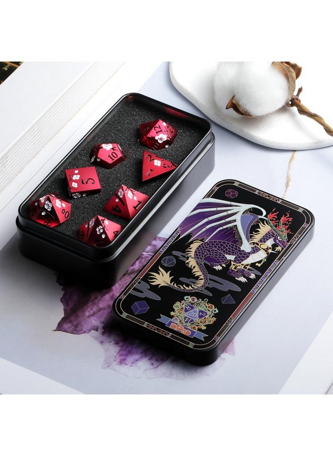 Red Dnd Metal Dice, Dndnd 7 Pcs Heavy Metallic D&D Dice Set With Gorgeous Gift Case For Dungeons And Dragon Tabletop Game (Matte Red With White Flower)