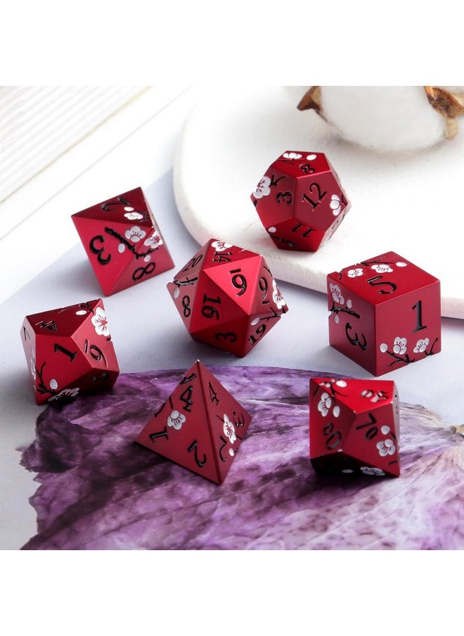 Red Dnd Metal Dice, Dndnd 7 Pcs Heavy Metallic D&D Dice Set With Gorgeous Gift Case For Dungeons And Dragon Tabletop Game (Matte Red With White Flower)