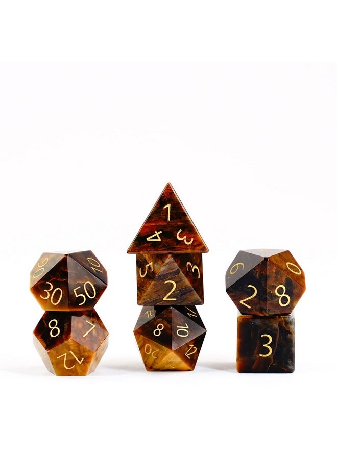 Dice Games 16Mm Stone Poly Dnd Dice Set: Engraved Matrix Tiger'S Eye, Role Playing Game Dice For Dungeons And Dragons