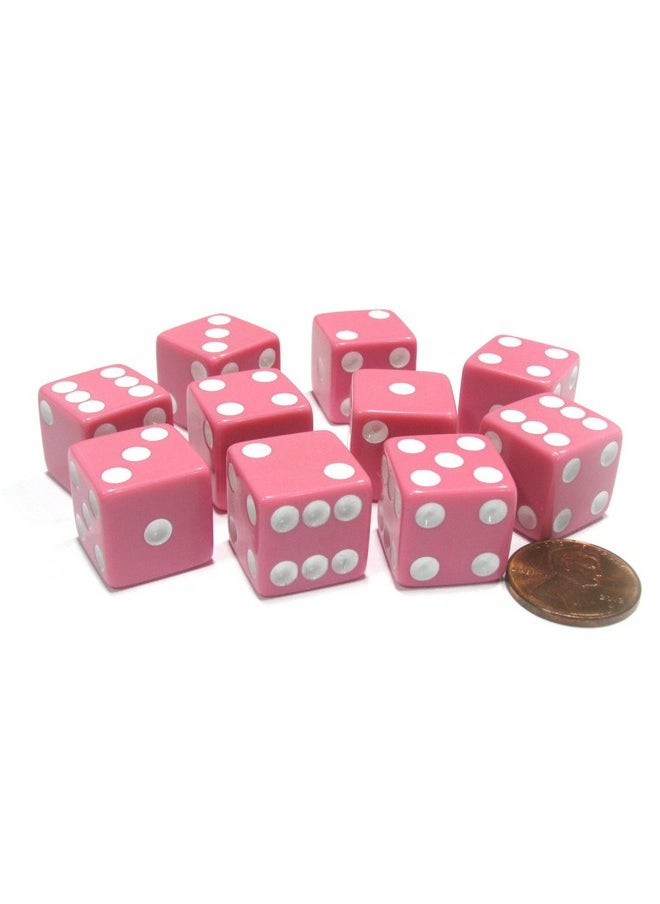 Set Of 10 Six Sided Square Opaque 16Mm D6 Dice - Pink With White Pip Die